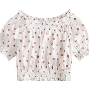 J Crew Puff Smocked top in white Rose dots